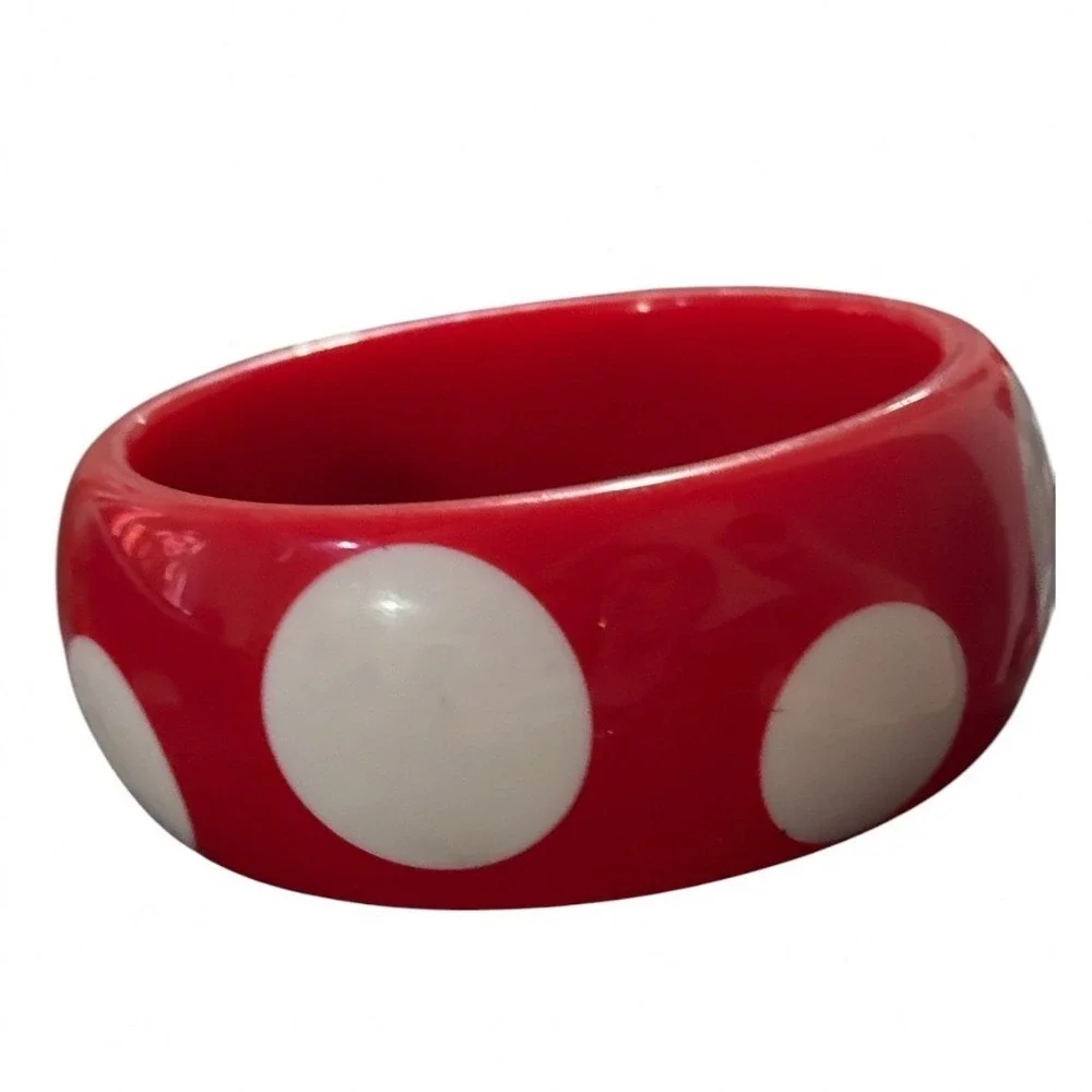 Vintage Red Bangle Bracelet White Polka Dot Chunky Acrylic Resin Retro Mod Style